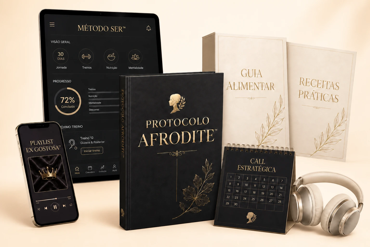Conjunto visual do Protocolo Afrodite com tablet, celular, livro, guias e call estratégica